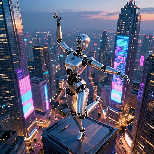 Digital CGI image of a silver robotic dancer with outstretched arms and legs, jumping on a skyscraper rooftop at sunset in a neon-lit urban