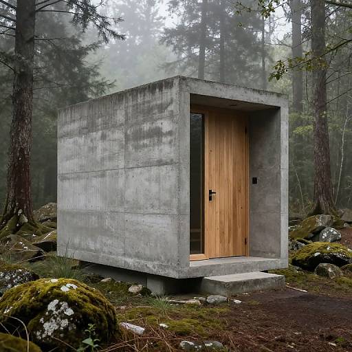 Photograph of a minimalist, concrete tiny house with a wooden door, set in a misty forest with moss-covered rocks.
