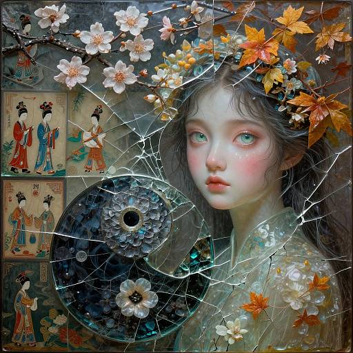 Digital painting of a pale, blue-eyed, rosy-cheeked girl with black hair, wearing a floral crown, amidst shattered glass, cherry bloss