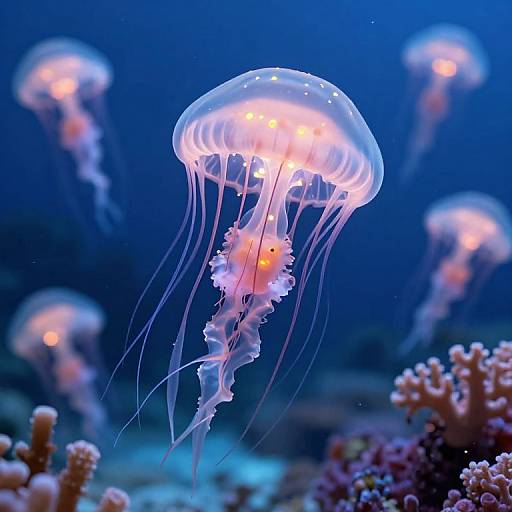 Photograph of glowing, translucent jellyfish with pink and orange lights, floating in a deep blue underwater ocean scene, surrounded by coral.