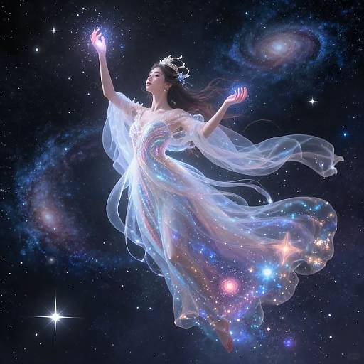 Photograph-style digital art of a ethereal woman in a glowing, transparent dress floating in a starry, cosmic background with glowing galaxies.