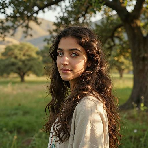 Photograph of a young woman with long, wavy dark brown hair, wearing a light beige sweater, standing in a sunlit, grassy park