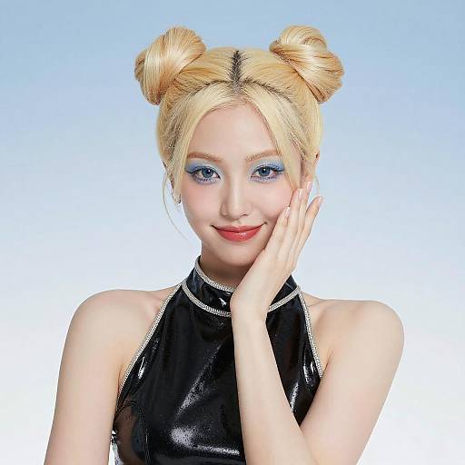 Platinum Blonde Woman in Stylish Black Top