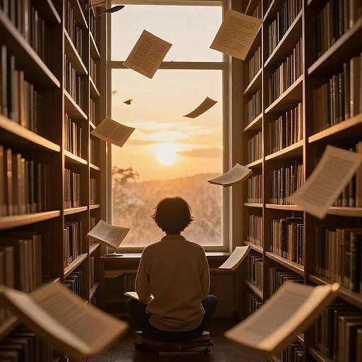 Photograph of a person with curly hair, sitting between tall bookshelves, watching sunset through a window. Papers float around them, creating a serene