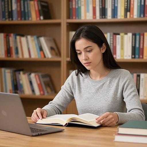 Photograph of a young woman with black hair, wearing a gray sweater, studying an open book while using a laptop in a library.