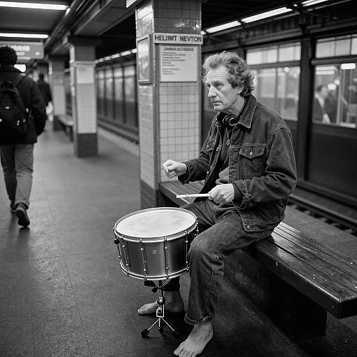 Black-and-white photo of a middle-aged man with disheveled hair, wearing a denim jacket and jeans, playing a drum on a subway bench,