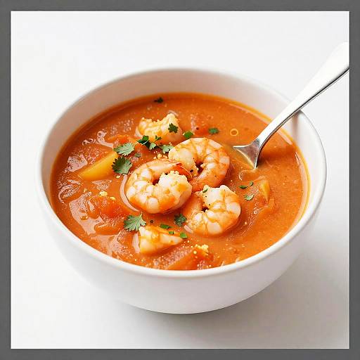 Photograph of a white bowl filled with vibrant red tomato soup, garnished with shrimp, diced carrots, and fresh parsley, with a silver spoon resting