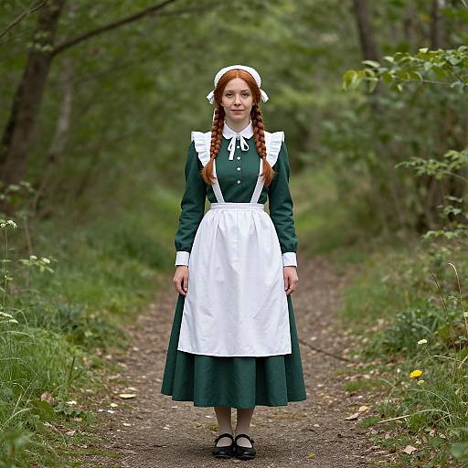Photograph of a red-haired young girl in a green maid's dress with white apron and headband, standing on a forest path.