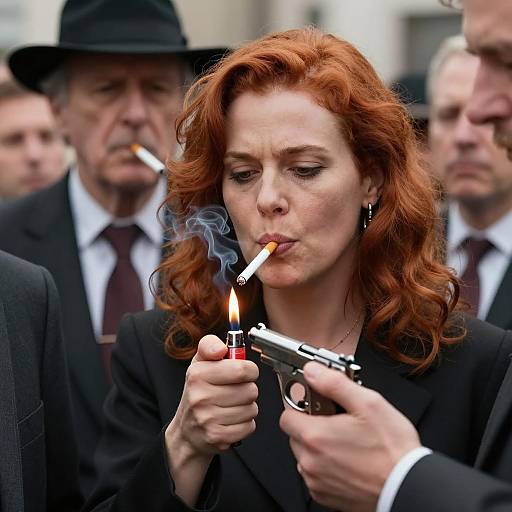 Woman Lighting Cigarette with Gun Present