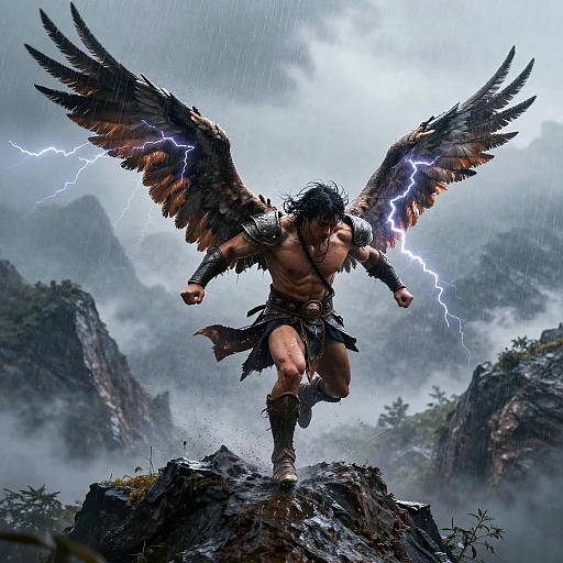 Digital artwork: Muscular, shirtless warrior with black feathered wings and lightning bolts, standing on a rocky peak amidst a stormy, mountainous