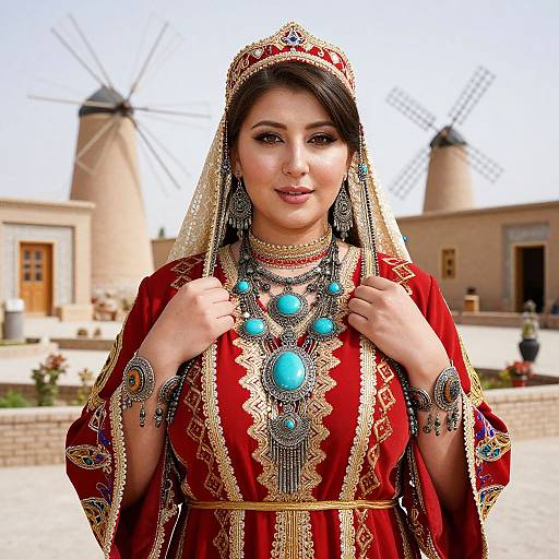Photograph of a beautiful Asian woman in elaborate traditional red and gold dress, adorned with turquoise jewelry, standing in front of windmills.