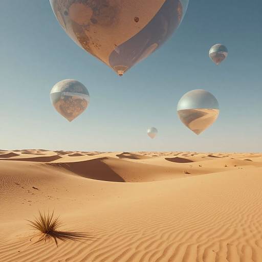Photograph of a desert with five transparent, reflective hot air balloons hovering above golden, rippled sand dunes under a clear blue sky.