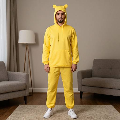 Photograph of a bearded man in a yellow bear-themed hoodie and pants, white sneakers, standing in a modern living room.
