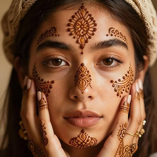 Close-up photograph of a young woman with dark brown eyes, adorned with intricate henna patterns on her face, hands, and forehead, wearing a beige