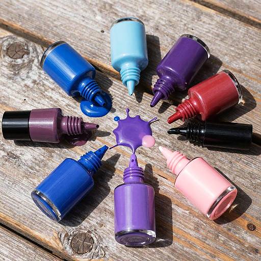 Photograph of nine colorful, small plastic squeeze bottles with various vibrant shades of blue, purple, red, and pink, spilled on a weathered wooden