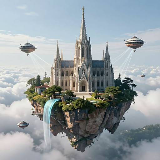 Fantasy CGI of a floating gothic cathedral with a waterfall, surrounded by clouds, and floating airships, set against a bright blue sky.