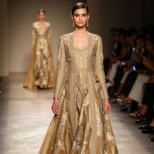 Photograph of a female model walking a runway in an elaborate, gold embroidered lehenga with intricate patterns, long sleeves, and deep V-neck, with