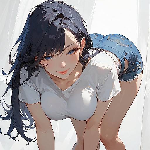 Anime Girl in White T-Shirt and Denim Shorts