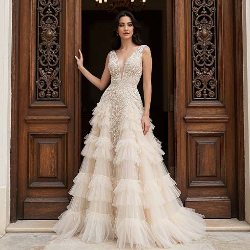Elegant Woman in Cream Beaded Gown