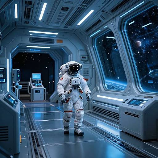 Photorealistic digital art of a lone astronaut in a white spacesuit walking through a futuristic, illuminated spaceship corridor with starry views through large windows.