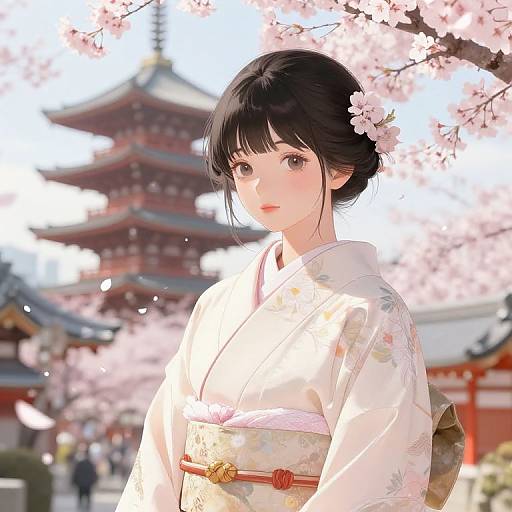 Digital anime-style illustration of a beautiful Japanese woman with black hair, wearing a white floral kimono, surrounded by cherry blossom branches, standing in front of