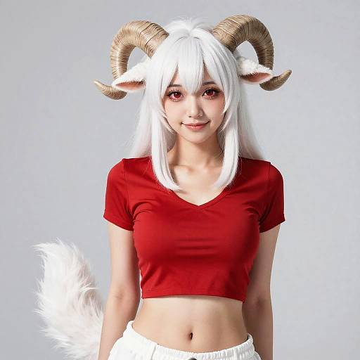 Cosplay Girl with White Hair and Horns