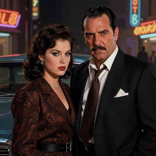 Photograph of a 1950s-styled scene with a dark-haired woman in a patterned brown dress and black belt, and a mustached