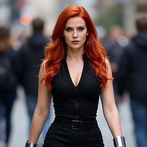 Photograph of a fierce, red-haired woman with long wavy hair, wearing a black sleeveless zip-up top and silver bracelet, standing confidently in