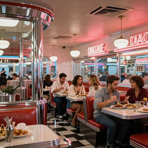 Photograph of a retro diner with red and chrome booths, checkered floor, neon signs, and diners eating, illuminated by round white pendant lights