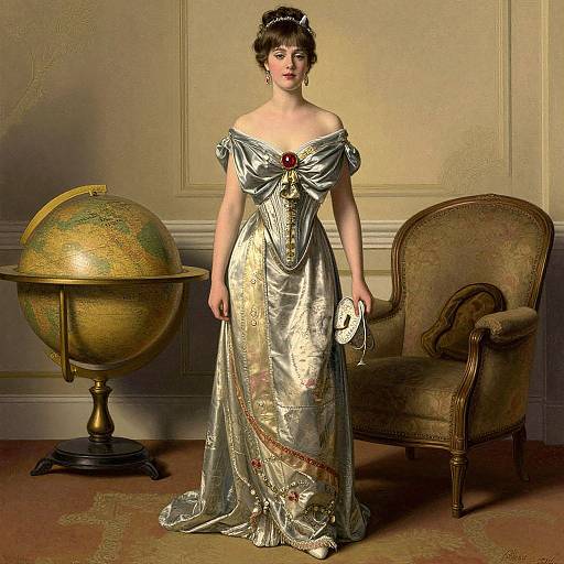Vintage Woman in Elegant Gown with Globe and Armchair