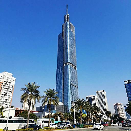 Sunny Urban Skyscraper with Palm Trees