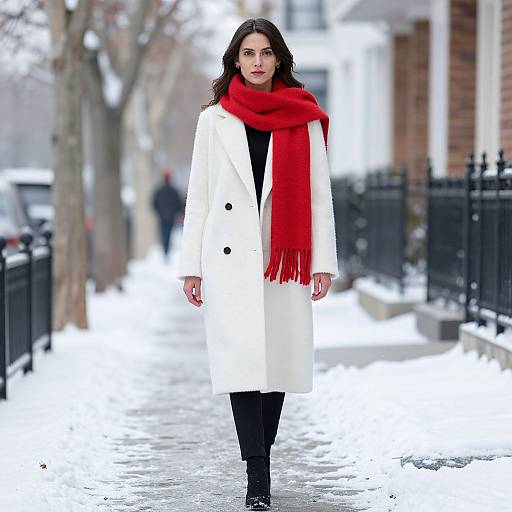 Photograph of a woman with long dark hair, wearing a white coat, red scarf, black pants, and black boots, standing on a snowy urban
