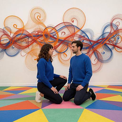 Photograph of a couple kneeling on colorful geometric carpet, wearing blue sweaters, facing each other in front of an abstract swirl painting.