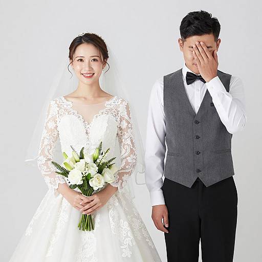 Asian Bride Smiling with Groom in Grey Vest