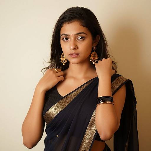Photograph of a young Indian woman with dark hair, wearing a black saree with gold trim, gold earrings, and black bangles, standing against