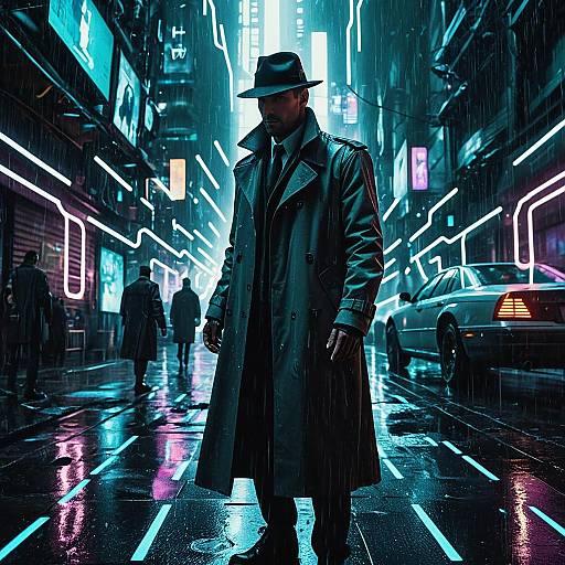 Neo-Noir Detective in Cyberpunk Rain