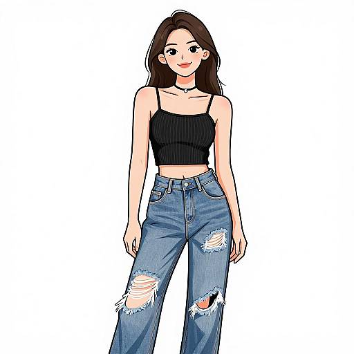 Digital anime-style drawing of a young woman with long brown hair, wearing a black crop top and ripped blue jeans, standing against a plain white background.
