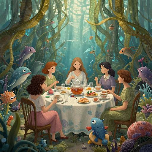 Fantasy illustration: Five women with diverse hair colors and dresses, dining underwater amidst vibrant fish and sea plants, sunlight filtering through.