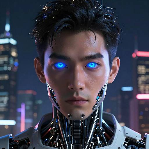 Digital CGI of an Asian man with glowing blue eyes, cybernetic enhancements, and a futuristic cityscape background at night.