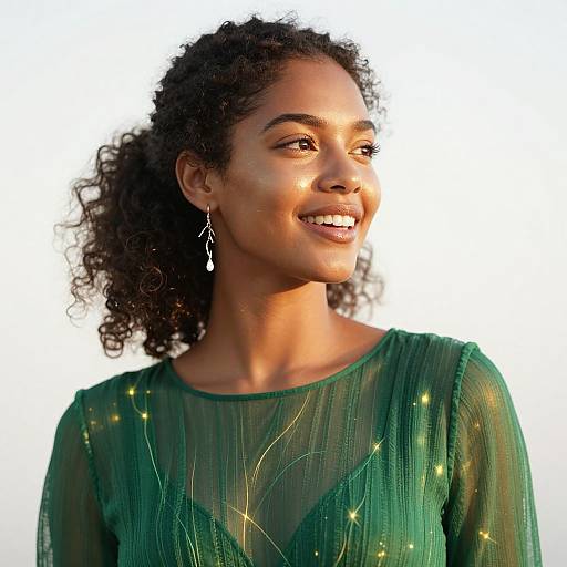 Photograph of a smiling Black woman with curly hair, wearing a green, sheer dress with gold star patterns, and dangling earrings, against a white background