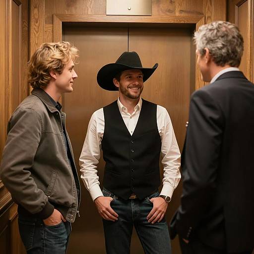 Three Men in Front of Wooden Elevator