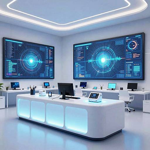 High-tech control room with white illuminated desks, multiple computer monitors, and large blue-lit holographic displays on white walls. Modern, futuristic design.