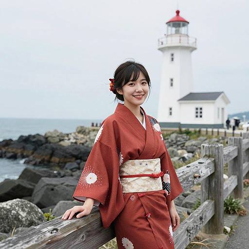 Japanese woman in red kimono with white sunflower patterns, standing by wooden fence, lighthouse in background, rocky coastline, overcast sky.