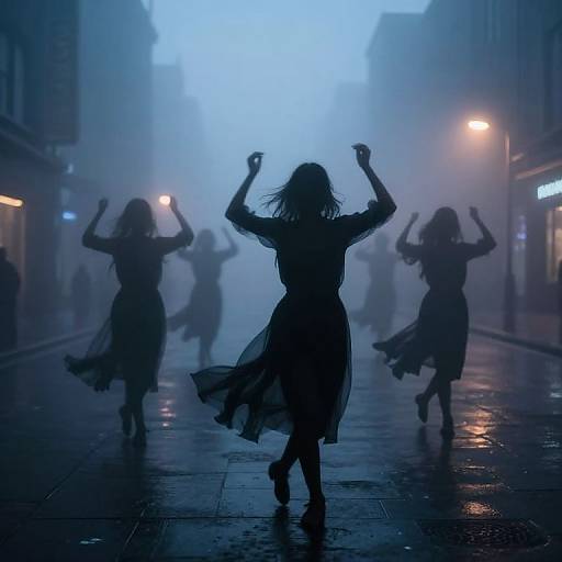 Photograph of silhouetted women with raised arms dancing on a foggy, blue-lit, rain-soaked street at night, creating a