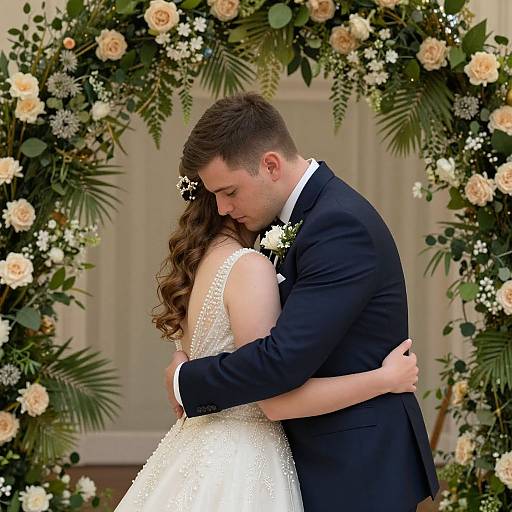 Photograph of a couple in a romantic embrace, the groom in a black suit, the bride in a white lace dress, surrounded by a floral arch