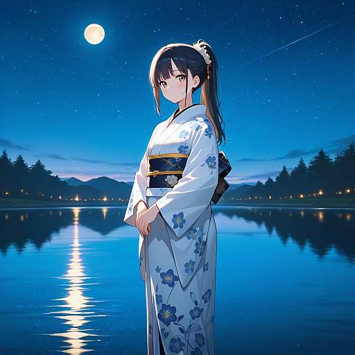 Anime Girl in White Kimono by Moonlit Pond
