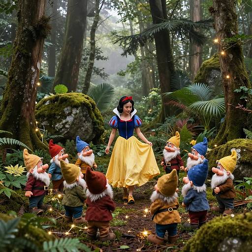 Photograph of a forest scene with a Snow White doll in a yellow dress, surrounded by colorful garden gnomes, surrounded by glowing fairy lights and