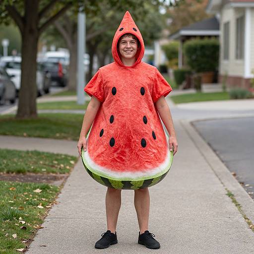 Photograph of a smiling young man wearing a watermelon costume with a hood, standing on a suburban sidewalk. Costume features red watermelon flesh, black