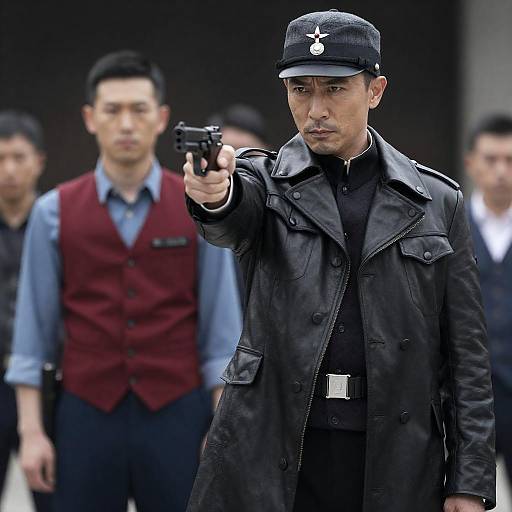 Stern Man in Leather Military Coat