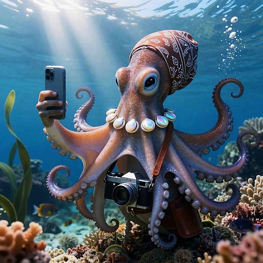 Anthropomorphic Octopus Selfie in Coral Reef